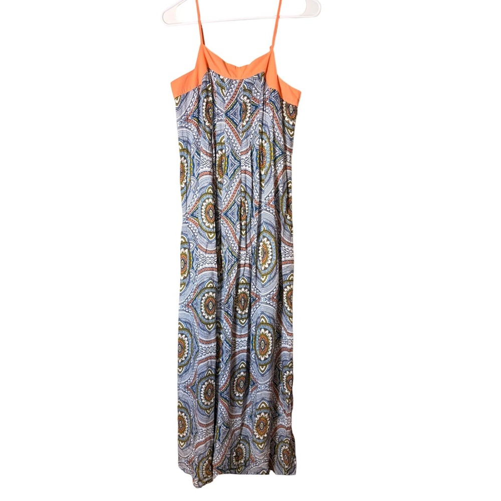 Xhilaration Maxi Dress Womens Small Orange Blue Geometric Medallion Boho V-Neck